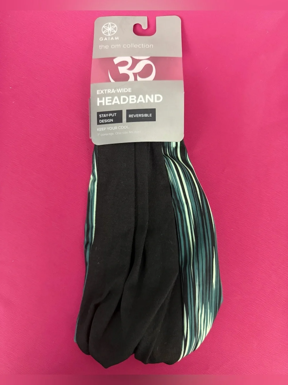 GAIAM Reversible Striped Teal and Black 7” Wide Headband w/Stay put design! NWT